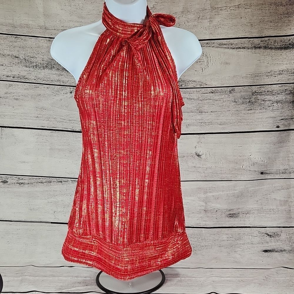 💜Heart Soul Red & Metallic Gold High Neck Sleeveless Top Medium